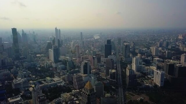 Sky High Bangkok City Drone Scene Sunset Buildings Towers Concrete Thailand