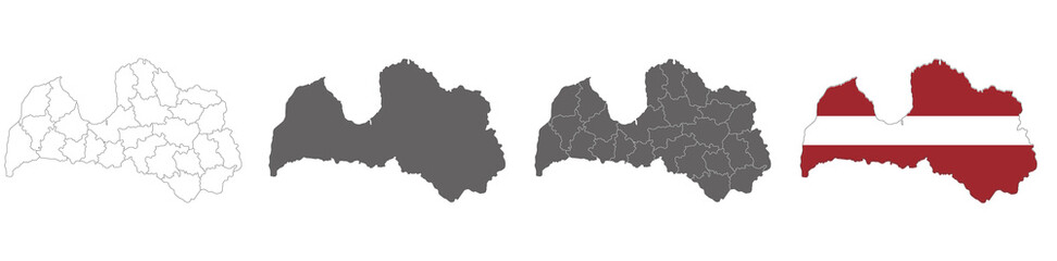 set of political maps of Latvia  with regions and flag map isolated on white background