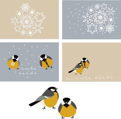 snowflakes and bird vector illustrations on a gray and beige background. Suitable for creating winter, holiday, New Year, Christmas textiles, backgrounds, cards, posters