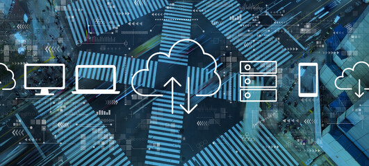Cloud computing with busy city traffic intersection