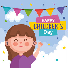 Happy childrens day with girl cartoon design, International celebration theme Vector illustration