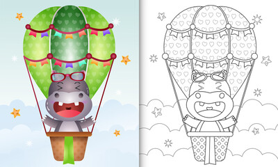 coloring book for kids with a cute hippo on hot air balloon
