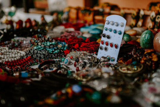 Selective focus shot of accessories in the jewelry market