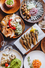 delicious European and Slavic cuisine on the big table waiting for guests. table with food, top view