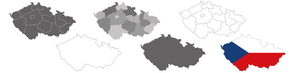 set of political maps of Czech Republic with regions and flag map isolated on white background
