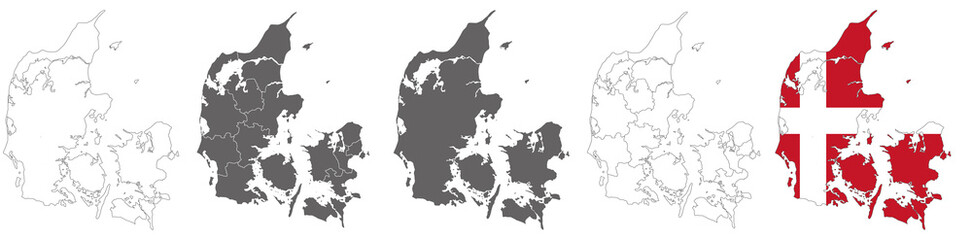 set of political maps of Denmark with regions and flag map isolated on white background