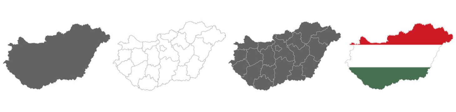 set of political maps of Hungary with regions and flag map isolated on white background