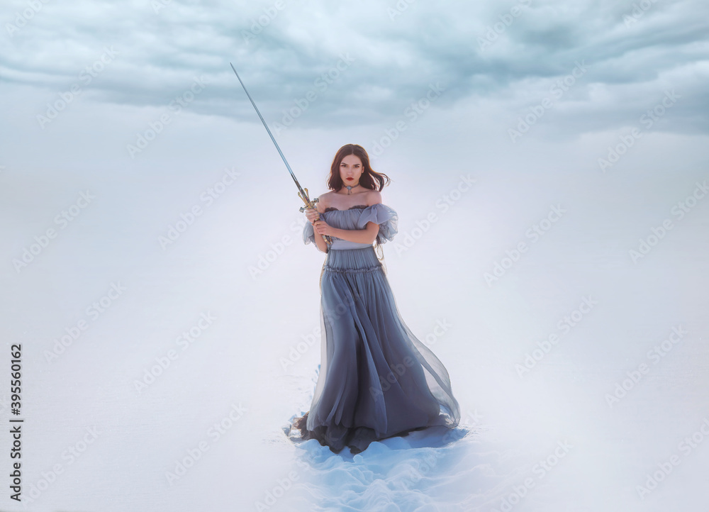 Wall mural Fantasy woman princess warrior holding medieval iron sword in hands. Fairy tale snow queen. vintage gray blue dress. White winter nature background, valley, tree. Elf girl with steel blade. Art photo.