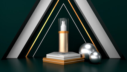 Cosmetic packaging consealer on the podium on a green background. Cosmetics. 3d rendering.