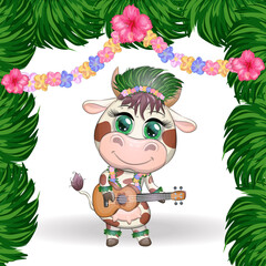 Cute cartoon bull, cow with beautiful eyes, Hawaiian hula dancer character with ukulele guitar among leaves, flowers. Chinese new year cute bull mascot