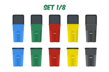 A set of colorlul isolated rollout heavy-duty wheeled trash/garbage cans, vector illustrations