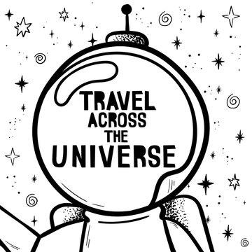 Hand drawn space banner template. Space doodle Vector illustration with cartoon rocket, planets, stars. Universe for your design