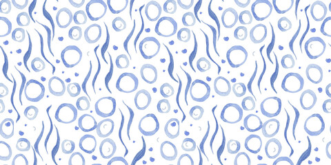 Watercolor painting seamless pattern with abstract blue circuls, waves, dots. Sea background
