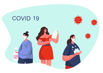 Precautions during Quarantine.Coronavirus covid-19 Prevention.Characters in Medical Mask.Protect yourself.Wash your Hands.Flat Vector Illustration