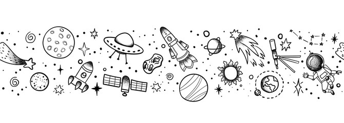 Hand drawn space banner template. Space doodle Vector illustration with cartoon rocket, planets, stars. Universe for your design. Seamless pattern