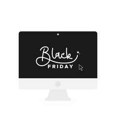 Black Friday lettering in screen desktop and mouse pointer. Concept of online shopping, web purchases, digital business. Vector illustration, flat design