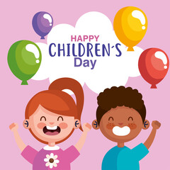 Happy childrens day with boy and girl cartoons design, International celebration theme Vector illustration