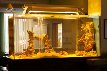 aquarium with fish with glowing yellow light lamp on top in dark room