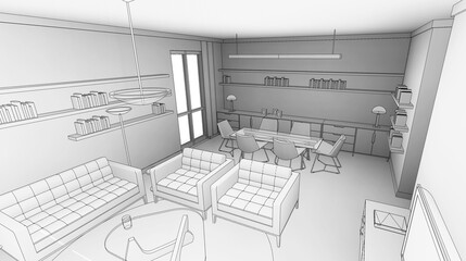 3d illustration of a rectangular living room with sitting and dining area in hidden line style. Scene taken from right upper corner of sitting area. 