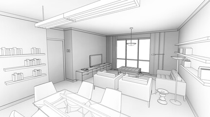 3d illustration of a rectangular living room with sitting and dining area in hidden line style. Scene taken from right upper corner of dining area. 