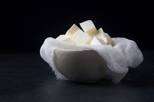 Paneer cut into pieces (cow's milk cheese, India)