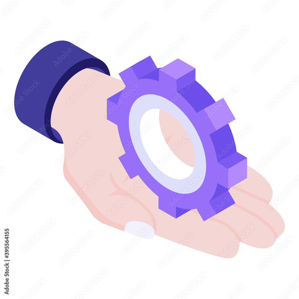 Sticker gear over hand, management service isometric icon