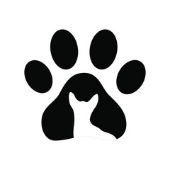 Pet shop logo. Creative icon of a cat with a cat paw. Design of labels and cards for a pet shop, zoo. Vector illustration of a cat paw print, silhouette of a cat head.