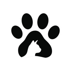 Pet shop logo. Creative icon of a cat with a cat paw. Design of labels and cards for a pet shop, zoo. Vector illustration of a cat paw print, silhouette of a cat head. Black and white vector graphics.