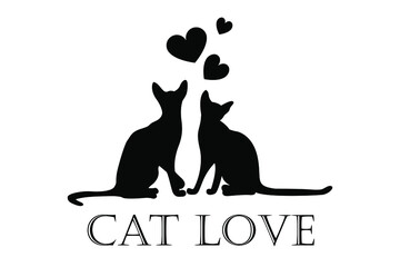 Valentine's day card, cats in love, couple of animals. Concept for a pet shop or veterinary clinic. Silhouette of a feline couple with hearts. Print for a T-shirt with the text cat love.