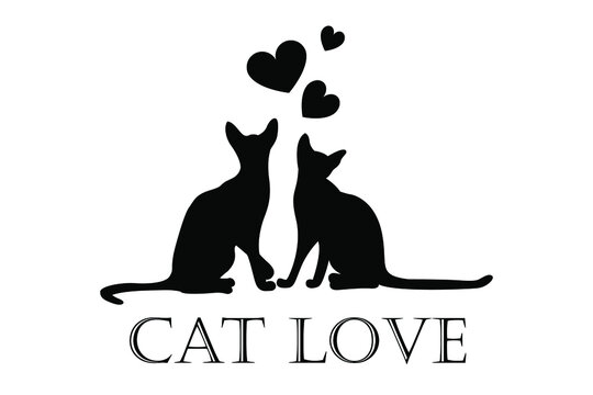 Valentine's day card, cats in love, couple of animals. Concept for a pet shop or veterinary clinic. Silhouette of a feline couple with hearts. Print for a T-shirt with the text cat love.