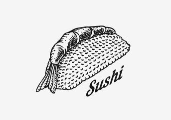 Japanese food. Sushi bar or rolls set. Vector illustration for Asian restaurant. Hand Drawn engraved sketch for menu. Monochrome style. Vector illustrations