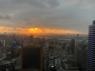 sunset over city