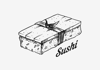 Japanese food. Sushi bar or tomago roll. Hand Drawn engraved sketch for menu. Monochrome style. Vector illustrations