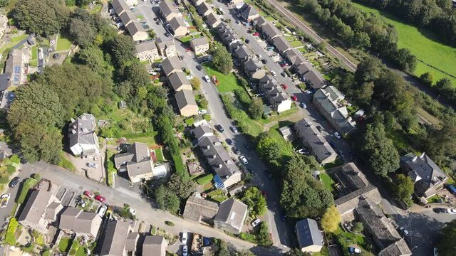 Drone Fly Over Aerial View Of West Yorkshire Village Houses In Huddersfield