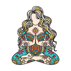 Yoga girl. Ornament Meditation pose. Concept of body positive. Vector illustration plus size