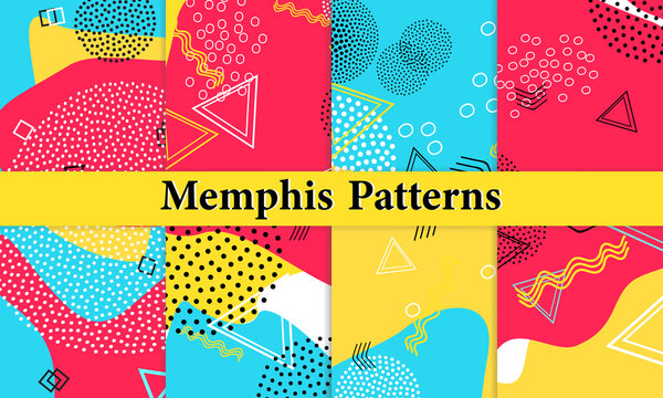 Set of Memphis Pattern. Fun Background. Red, Blue, Yellow Colors. Memphis Style Patterns.