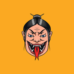 Japanese female geisha with snake tongue. Screaming Scary woman. Chinese Mythological or Asian symbol for tattoo or label. Engraved hand drawn line Vintage old monochrome sketch. Vector illustration.