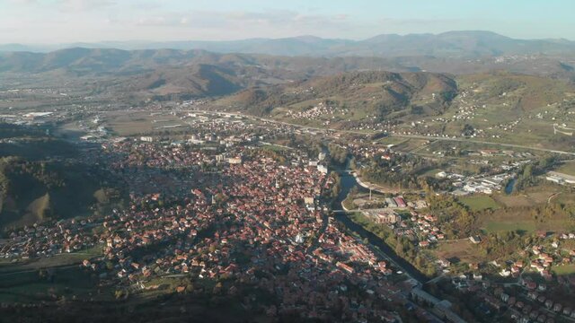 High aerial view over Visoko city in Bosnia and Herzegovina