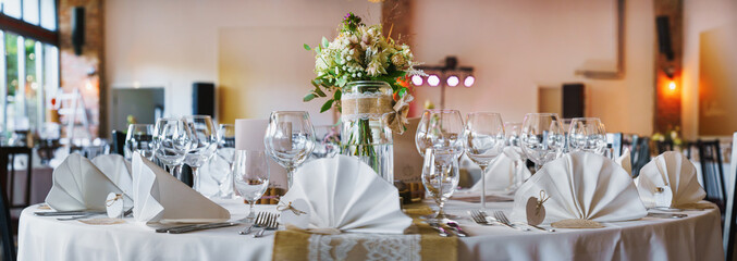 wedding - decorated table at luxury event. Great panorama.