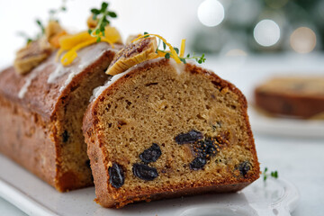 Beautiful delicious homemade Christmas dried fruit cake on grey table with decorating items for celebrating festive season.