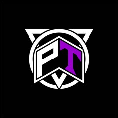 Monogram letter P T Diamonds decorated with circles and triangles are perfect for game initials, greeting cards, logos, posters, etc.