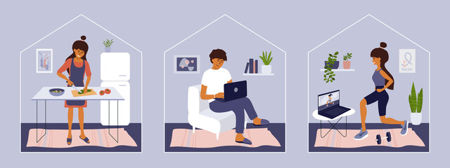 Stay and work from home. Girl watching online classes doing exercise. Man working on laptop. Young woman cooking at home. Leisure activity, quarantine isolation, self care. Set of vector illustrations