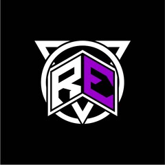 Monogram letter R E Diamonds decorated with circles and triangles are perfect for game initials, greeting cards, logos, posters, etc.