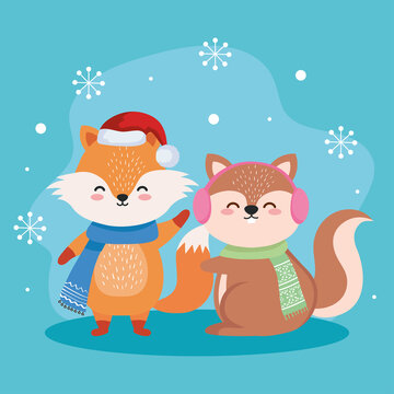 fox and squirrel cartoons in merry christmas season design, winter and decoration theme Vector illustration