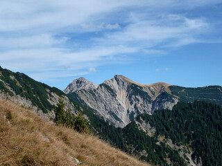 Fototapeta na wymiar Mountain hiking tour to Schellschlicht mountain in Bavaria, Germany
