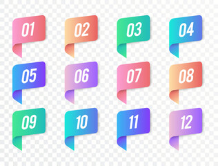 Colorful Number Bullet Point From 1 To 12 In The Form Of Ribbons. Vector Bullet Points For Infographic Design Or Presentation