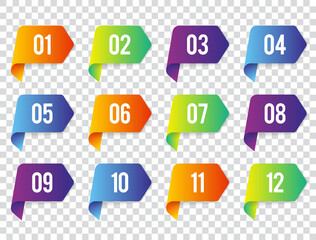 Colorful Number Bullet Point From 1 To 12 In The Form Of Ribbons In The Form of Arrows. Vector Bullet Points For Infographic Design Or Presentation