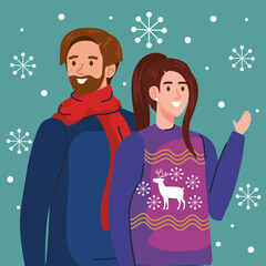 man and woman with merry christmas sweaters design, winter season and decoration theme illustration
