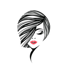 Beautiful woman with elegant hairstyle and makeup.Beauty and hair salon vector logo isolated on light background.Cosmetics studio icon.Pink lipstick and long eyelashes.Cute female.Young lady face.