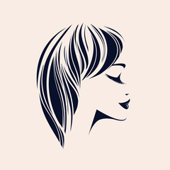 Hair salon and beauty studio illustration.Long, wavy hairstyle woman with elegant makeup.Cosmetics and spa icon.Young lady portrait.Beautiful model face.Luxury,glamour style.Profile view.